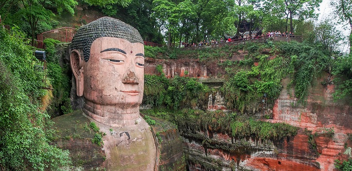 The Leshan Great Buddha in China’s Sichuan Province is being renovated at great expense after many years of damage from acid rain. 